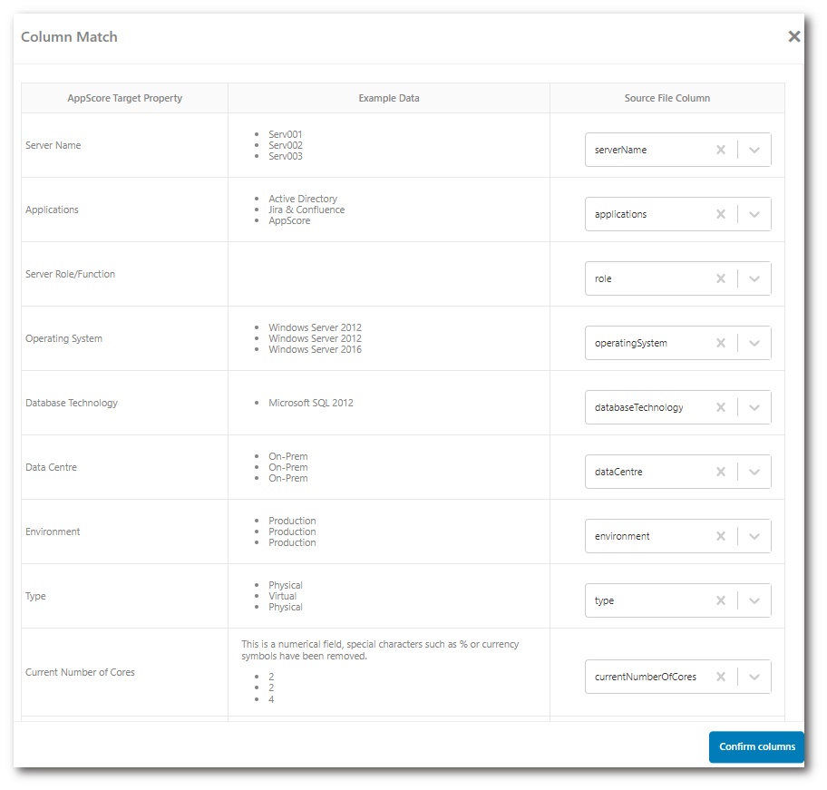 Column match page for CSV file